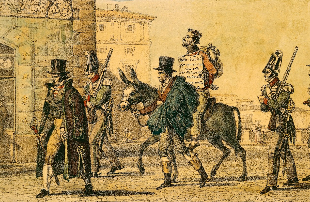 Straff som innebar å bli ført gjennom gater på esel, litografi av Jean-Baptiste-Antoine Thomas (1791-1833) fra Un Rome av Antoine Jean Baptiste Thomas