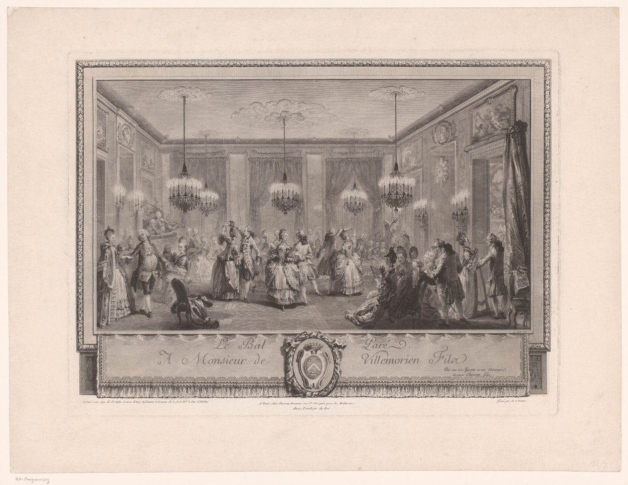 Marie Antoinette: The Queen of Fashion: Ball at the Home of Monsieur de Villemorien Ballsal med dansende par Le Bal Pare (tittel på objekt) av Antoine Jean Duclos