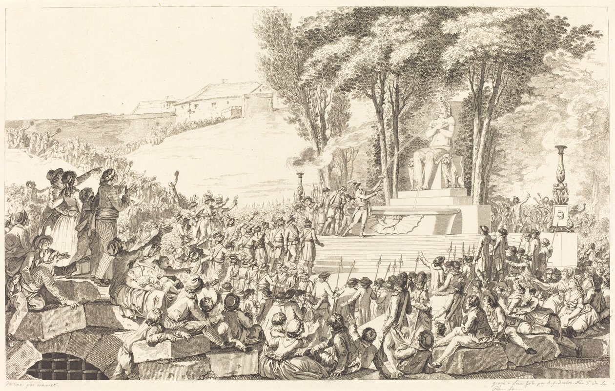 Fornyelsesfontenen på ruskene av Bastillen, 10. april 1793 av Antoine Jean Duclos after Charles Monnet