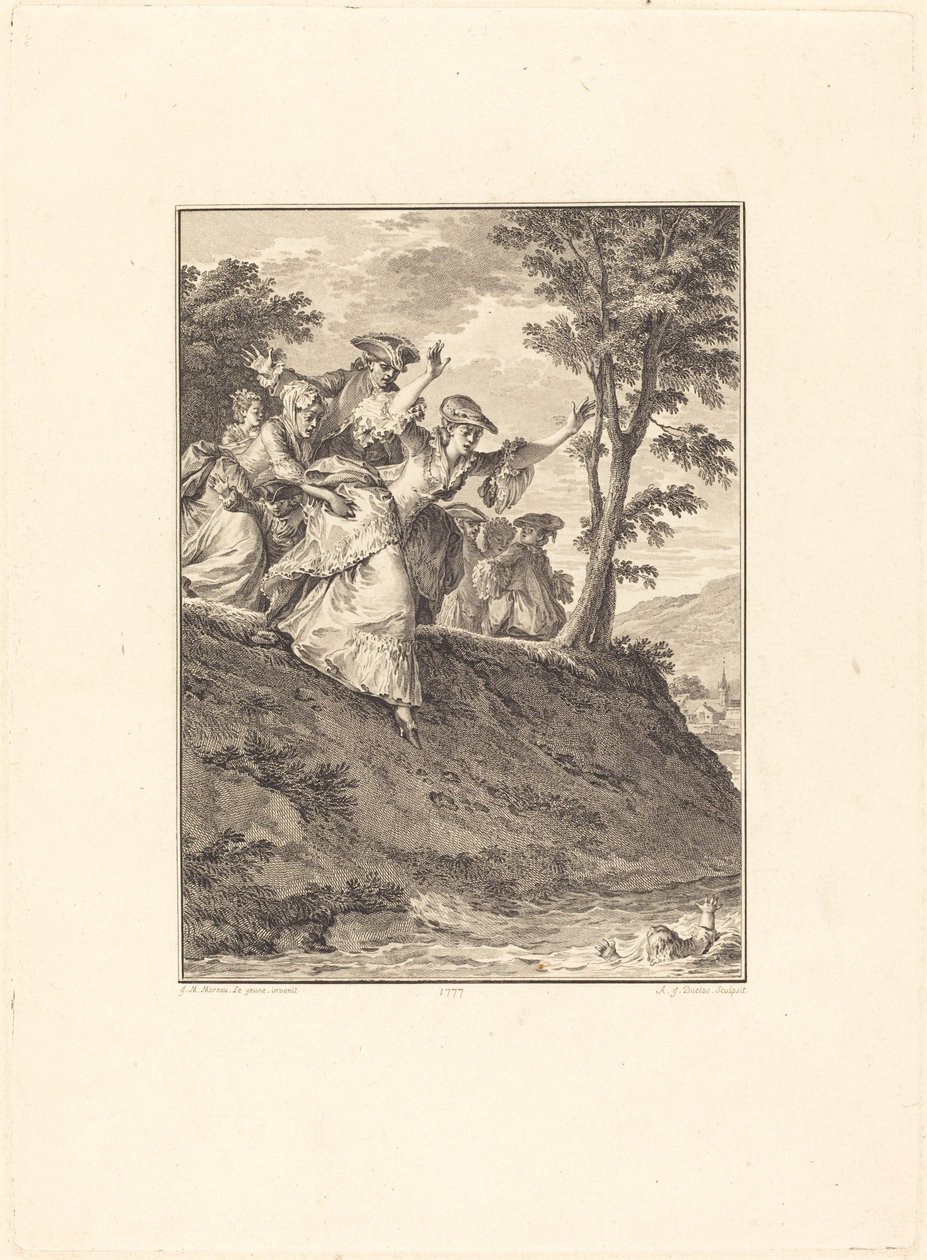 Hun skynder seg etter ham av Antoine Jean Duclos after Jean Michel Moreau