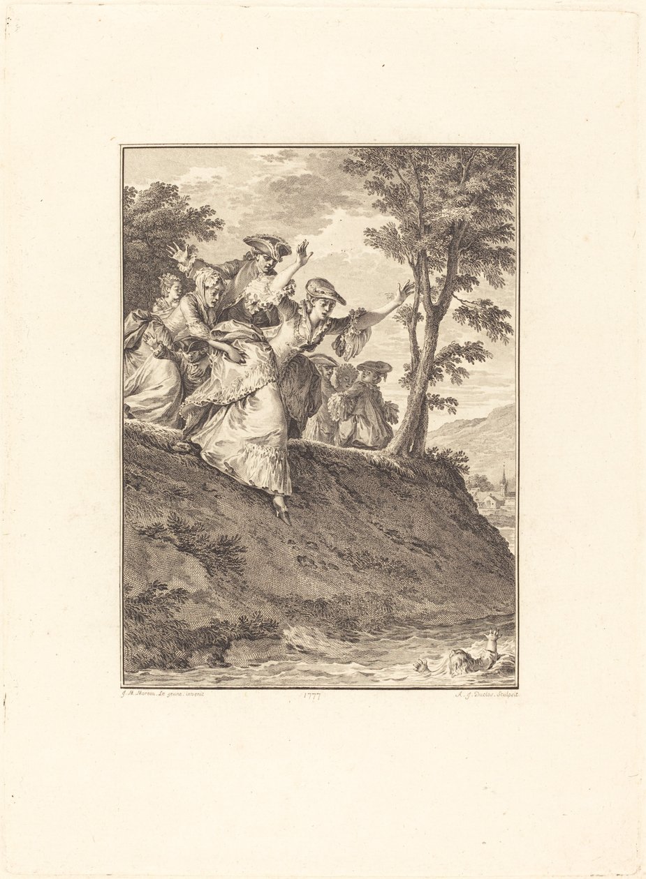 Hun skynder seg etter ham av Antoine Jean Duclos after Jean Michel Moreau