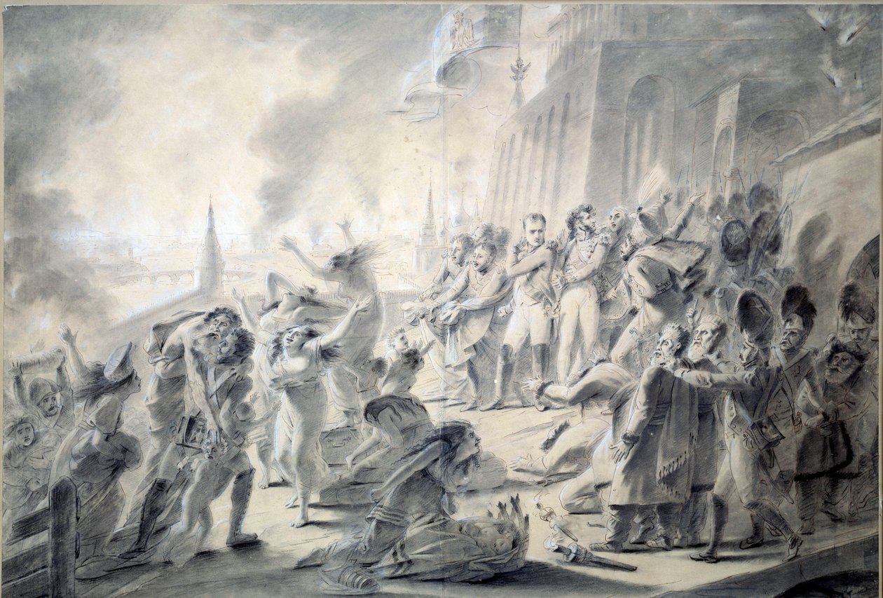 Moskvabrannen 15.09.1812 Byens guvernør, grev Rostopchina, brente byen da Napoleon I ankom. Tegning med brunt blekk, vask, penn, blyant og gouache av Antoine Jean Gros (1771-1835) 1812 Dim. 0,57x0,84 m Paris, Louvre-museet av Antoine Jean Gros