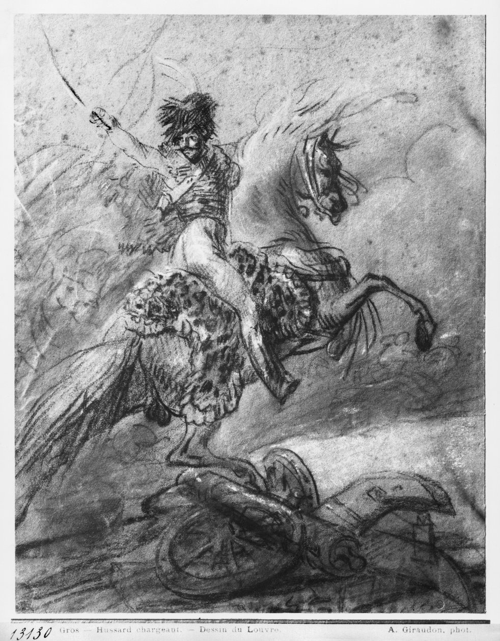 Offiser for husarene til hest (svart blyant og blå pastell og hvite høydepunkter på papir) av Antoine Jean Gros