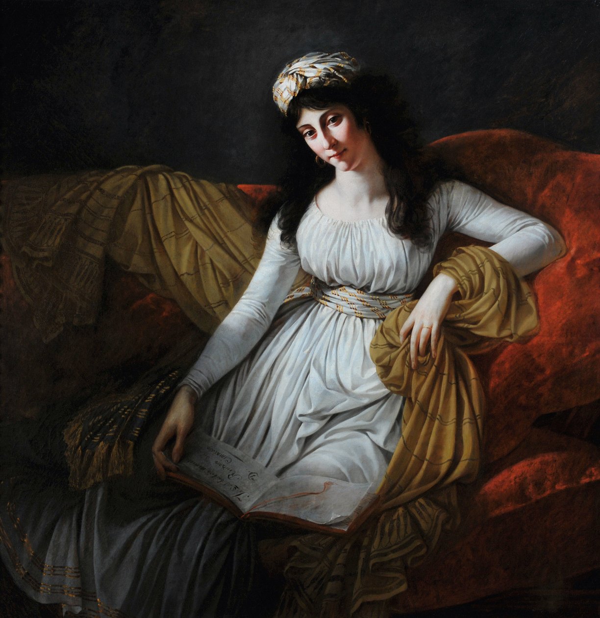 Portrett av Madame Fravega (innskrift på boken "In qual barbaro momento recitativo av D. Cimarosa") (olje på lerret) av Antoine Jean Gros