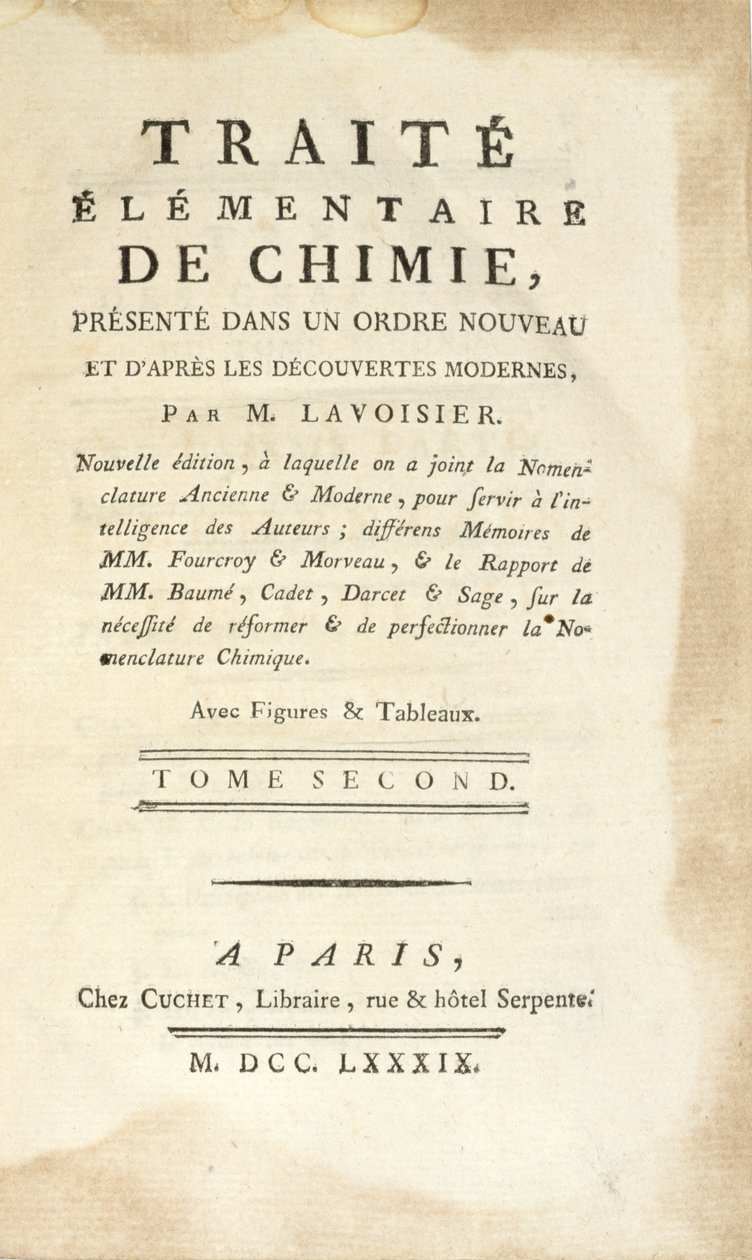 Tittelside til Traite Elementaire de Chimie, Tome II, utgitt i Paris, 1789 (trykk) av Antoine Laurent de Lavoisier