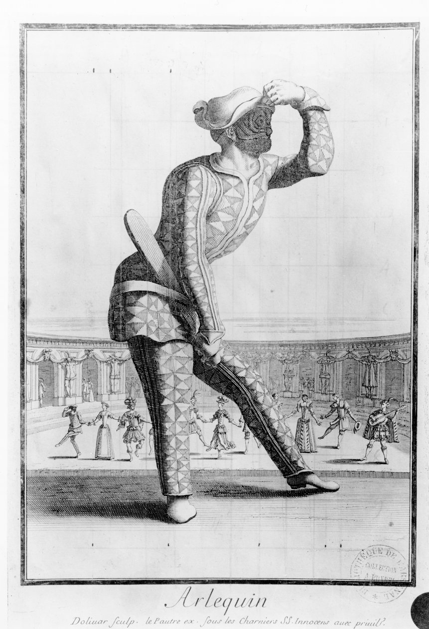 Harlekin, gravert av Juan Dolivar (1641-92) av Antoine Le Pautre