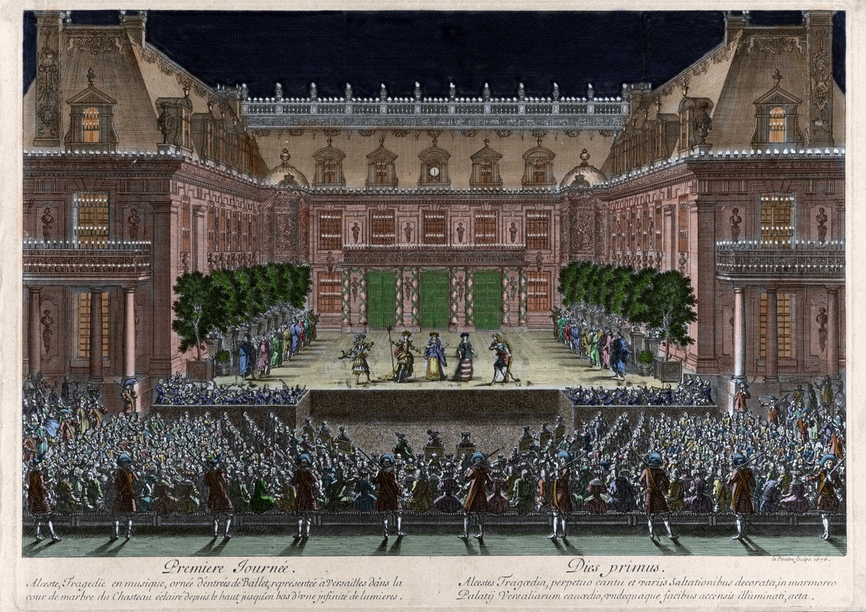 Representasjon, i marmorgårdsplassen til slottet i Versailles, d'Alceste””” av Jean Baptiste Lully (Giovanni Battista Lulli) (1632-1687) for feiringen gitt i anledning overtakelsen av Franche Comté (1674). Gravering av Le Pautre (1 av Antoine Le Pautre