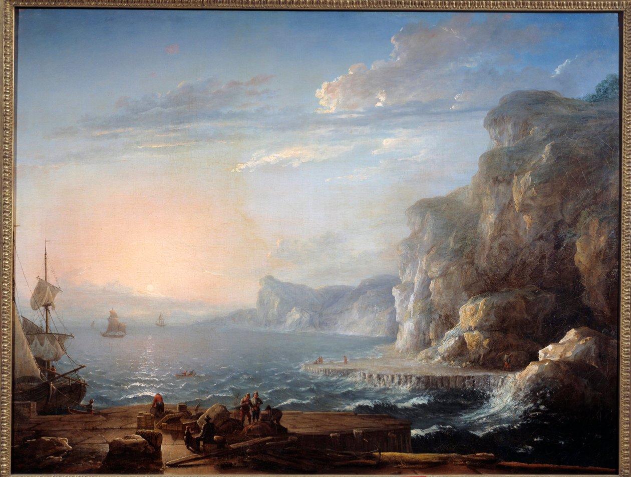 Solnedgang Et landskap av klipper og steiner på havet, med fiskere i forgrunnen. Maleri av Antoine Lebel (1705-1793) 1700-tallets søn. 0,9x1,16 m Rouen, musee des Beaux Arts av Antoine Lebel
