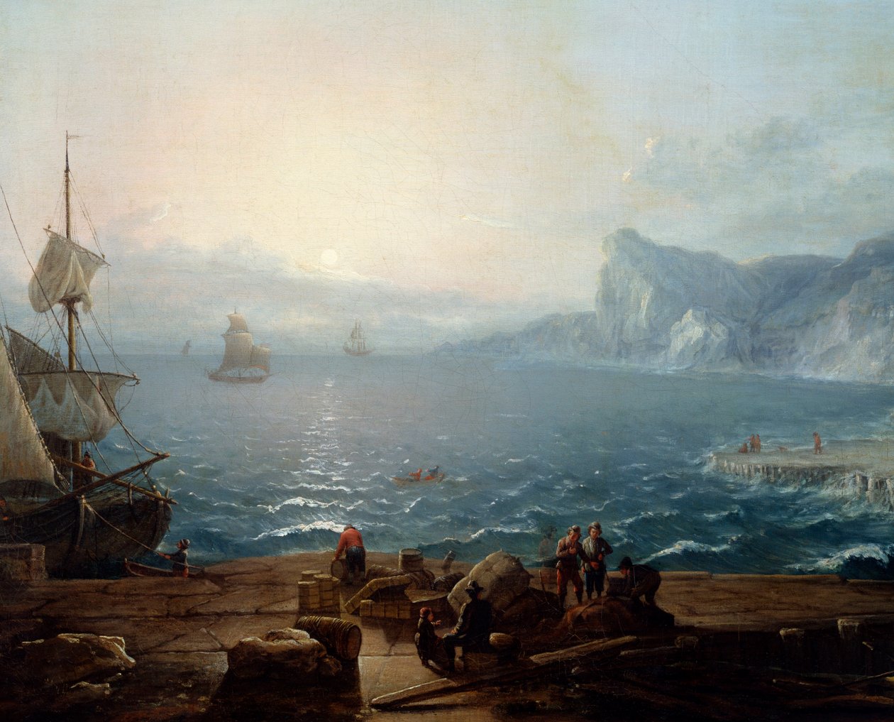 Solnedgang Et landskap av klipper og steiner på havet, med fiskere i forgrunnen. Detalj. Maleri av Antoine Lebel (1705-1793) 1700-tallets søn. 0,9x1,16 m Rouen, musee des Beaux Arts av Antoine Lebel