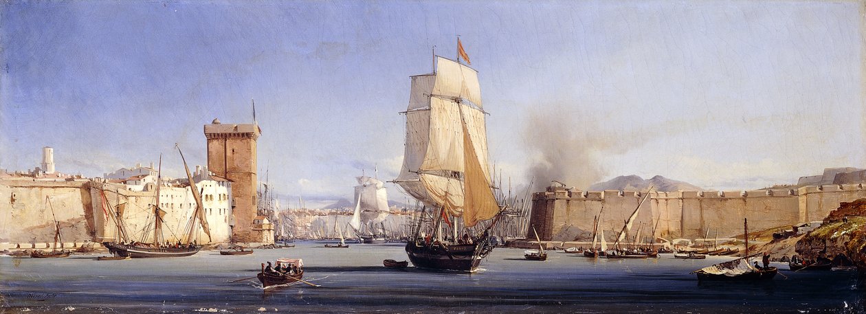 Det gylne horn med Suleimaniye og trosmoskeene, Konstantinopel av Antoine Leon Morel Fatio