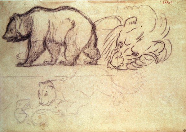En bjørn som går, hodet til en løve og en leopard som angriper et dyr (kull og blyant på papir) av Antoine Louis Barye