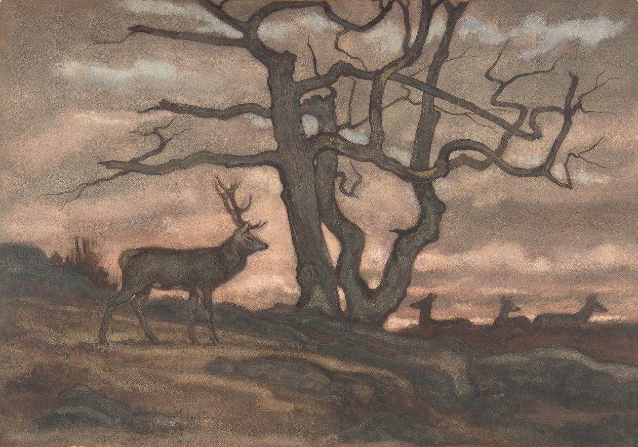 Hjort og tre mot solnedgang, 1810-75. av Antoine Louis Barye