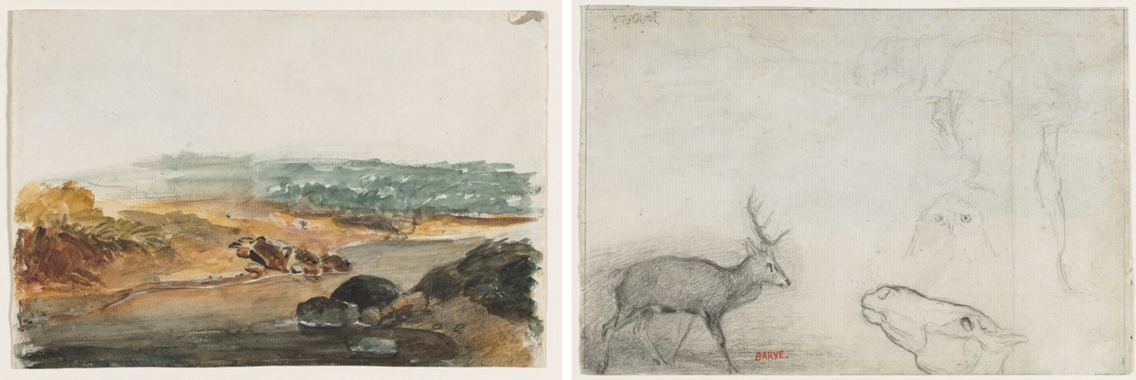 Landskap (rekto); Studier av dyr (verso) av Antoine Louis Barye