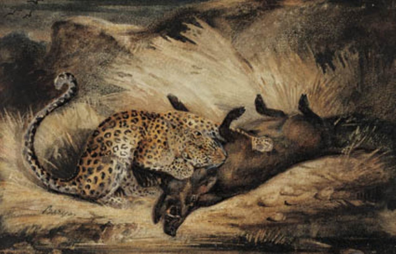 Leopard spiser et villsvin. av Antoine Louis Barye