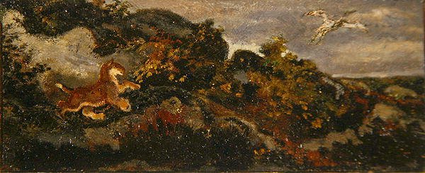 Panther Chasing a Stork (olje på papir montert på masonitt) av Antoine Louis Barye