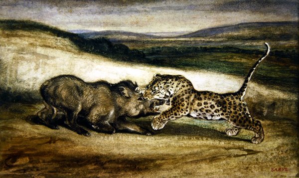 Panter som kjemper mot villsvin (akvarell) av Antoine Louis Barye