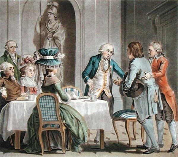 Comte de Vaux (1705-88) tilbyr mat og drikke til en bonde, gravert av Jean Baptiste Morret (fl.1790-1820) av Antoine Louis Francois (after) Sergent Marceau