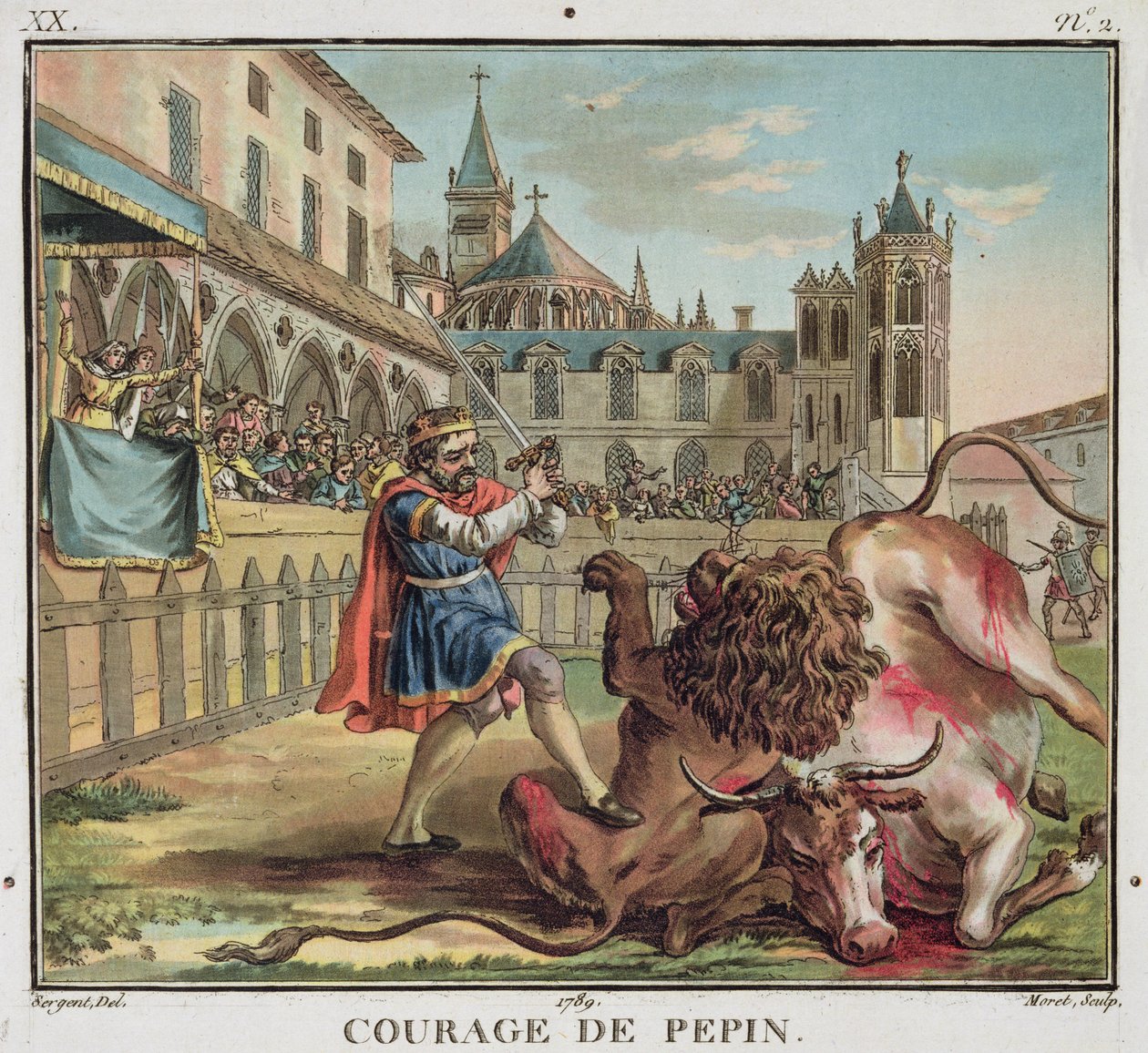 The Courage of Pepin (714-68), gravert av Jean Baptiste Morret (fl. 1790-1820) 1789 (farget gravering) av Antoine Louis Francois (after) Sergent Marceau