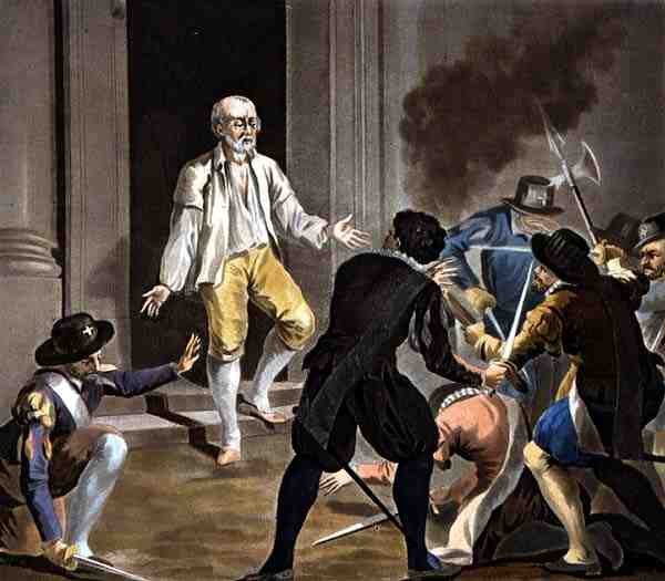 Gaspard de Colignys død, gravert av Jean Baptiste Morret (fl.1790-1820) 1788 (farget gravering) av Antoine Louis Francois (after) Sergent Marceau