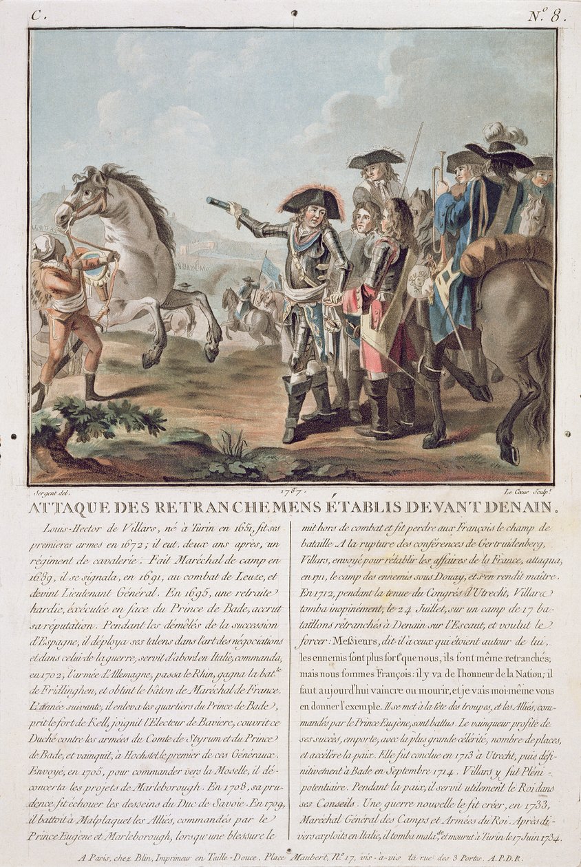 Angrep på skyttergravene etablert foran Denain, 1712, gravert av Louis Le Coeur (fl.1780-1800), 1787 av Antoine Louis Francois Sergent Marceau