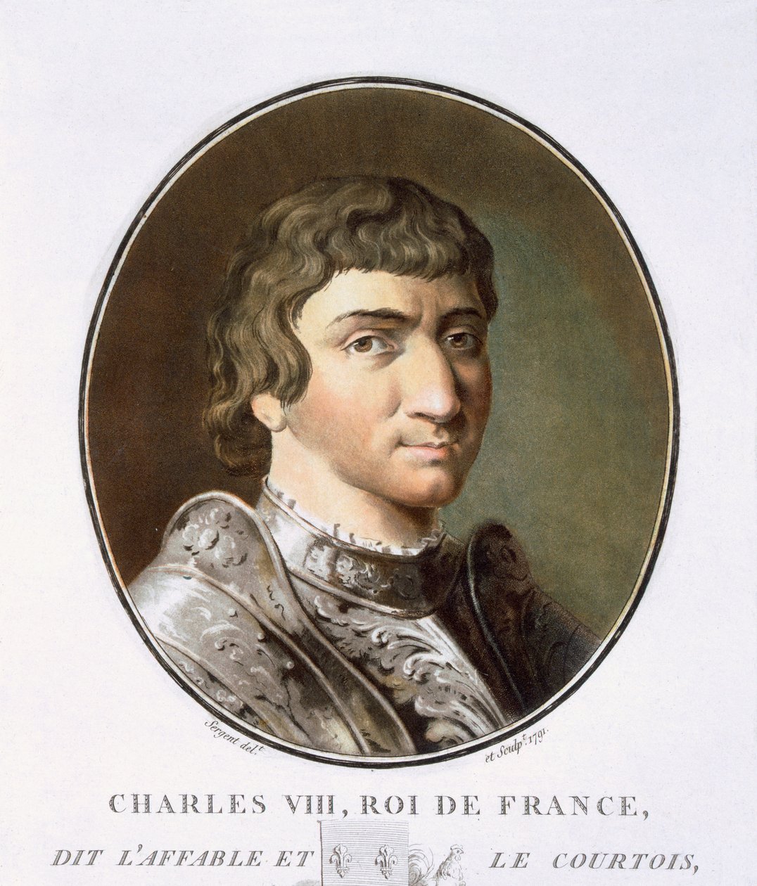 Charles VIII, fra Portraits of Great Men, Illustrious Women, and Memorable Subjects of France, gravert og trykt i farger, utgitt av Pierre Blin, 1786-92, Paris (fargegravering) av Antoine Louis Francois Sergent Marceau