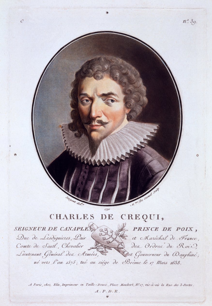 Charles de Crequi, fra Portraits of Great Men, Illustrious Women, and Memorable Subjects of France, gravert og trykt i farger, utgitt av Pierre Blin, 1786-92, Paris (fargegravering) av Antoine Louis Francois Sergent Marceau