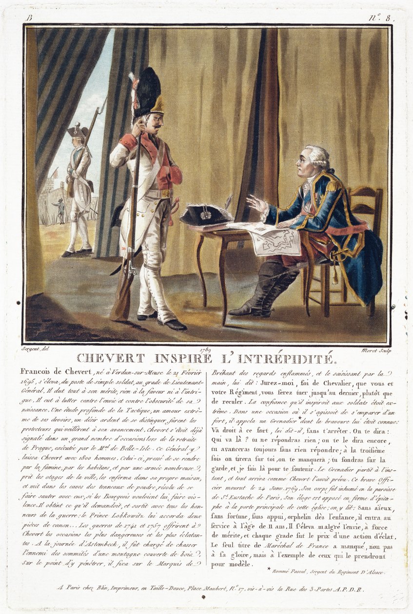 Francois Chevert (1695-1769) inspirerer mot, gravert av Jean Baptiste Morret (fl.1790-1820), 1789 av Antoine Louis Francois Sergent Marceau