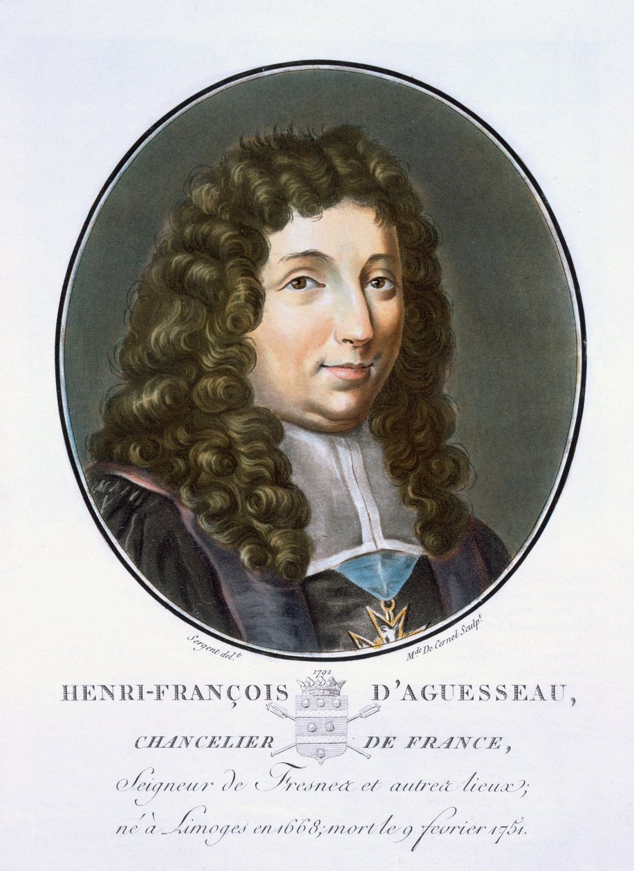 Henri-Francois dAguesseau, fra Portraits of Great Men, Illustrious Women, and Memorable Subjects of France, gravert og trykt i farger, utgitt av Pierre Blin, 1786-92, Paris (fargegravering) av Antoine Louis Francois Sergent Marceau