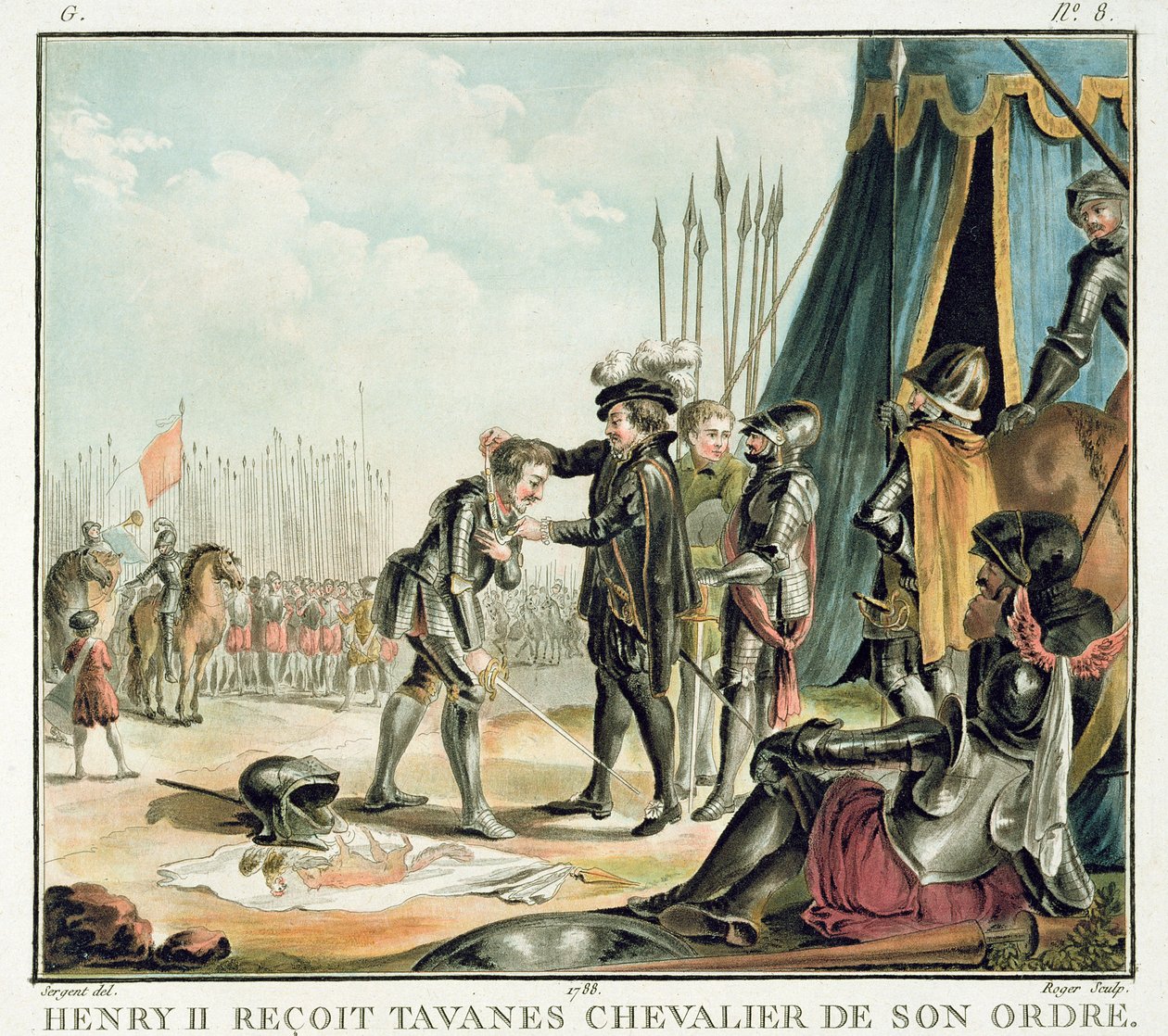 Henri II (1519-59) mottar Jean de Tavanes som en ridder i sin orden, gravert av Roger, 1788 av Antoine Louis Francois Sergent Marceau
