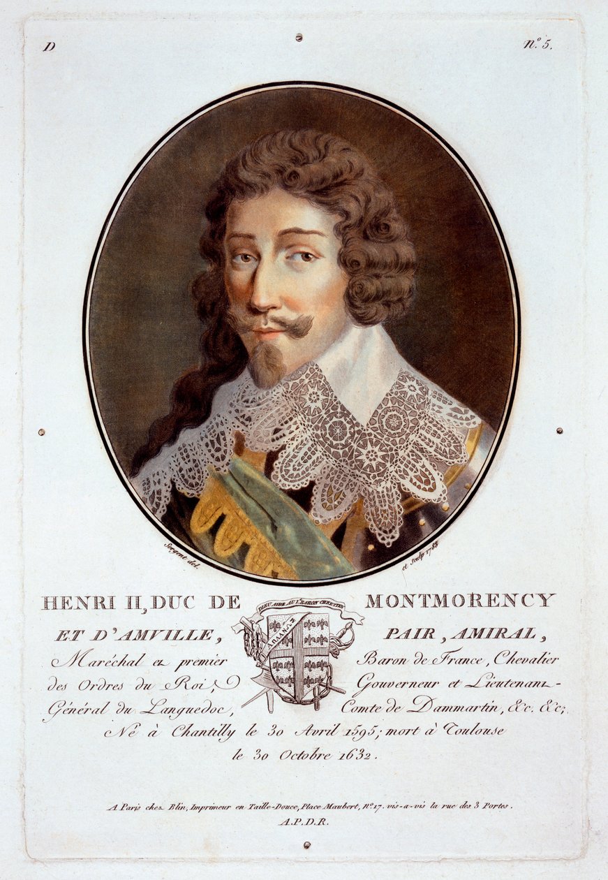 Henri II, Duc de Montmorency et dAmville, fra Portretter av store menn, berømte kvinner og minneverdige motiver i Frankrike, gravert og trykt i farger, utgitt av Pierre Blin, 1786-92, Paris (ca. av Antoine Louis Francois Sergent Marceau