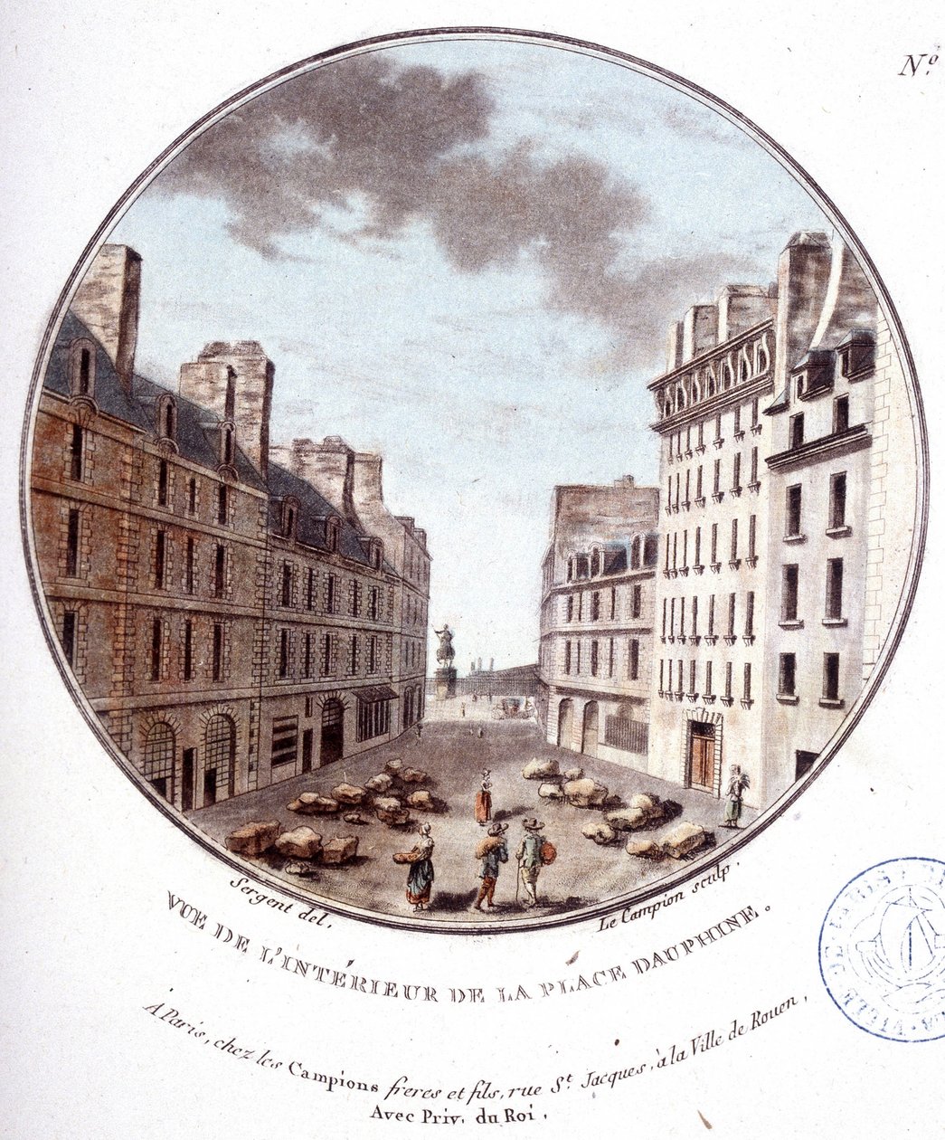 Innvendig utsikt over Place Dauphine, Paris. I prittoresque utsikt over hovedbygningene i Paris av sersjant av Antoine Louis Francois Sergent Marceau