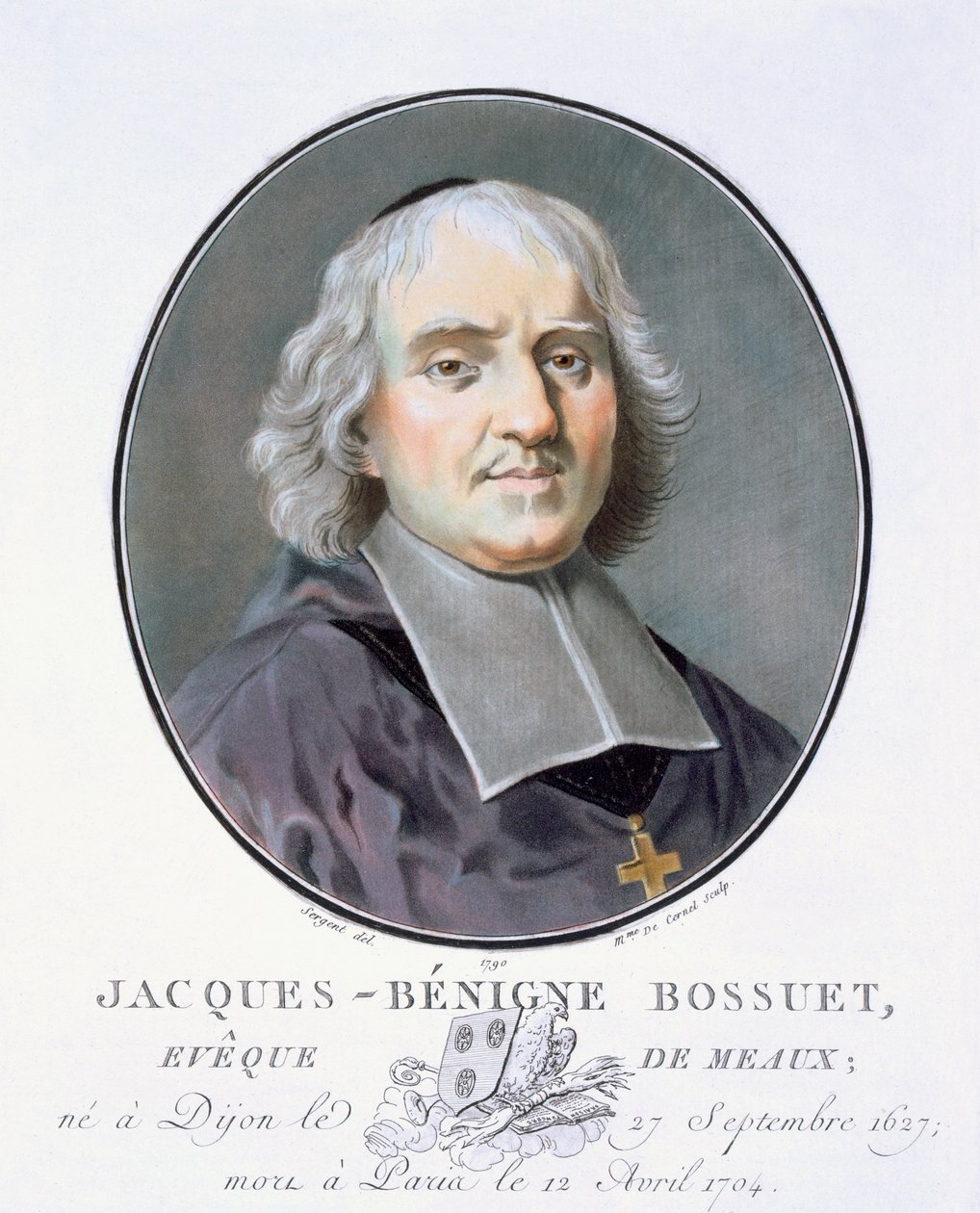 Jacques=Benigne Bossuet, fra Portretter av store menn, berømte kvinner og minneverdige motiver fra Frankrike, gravert og trykt i farger, utgitt av Pierre Blin, 1786-92, Paris (fargegravering) av Antoine Louis Francois Sergent Marceau