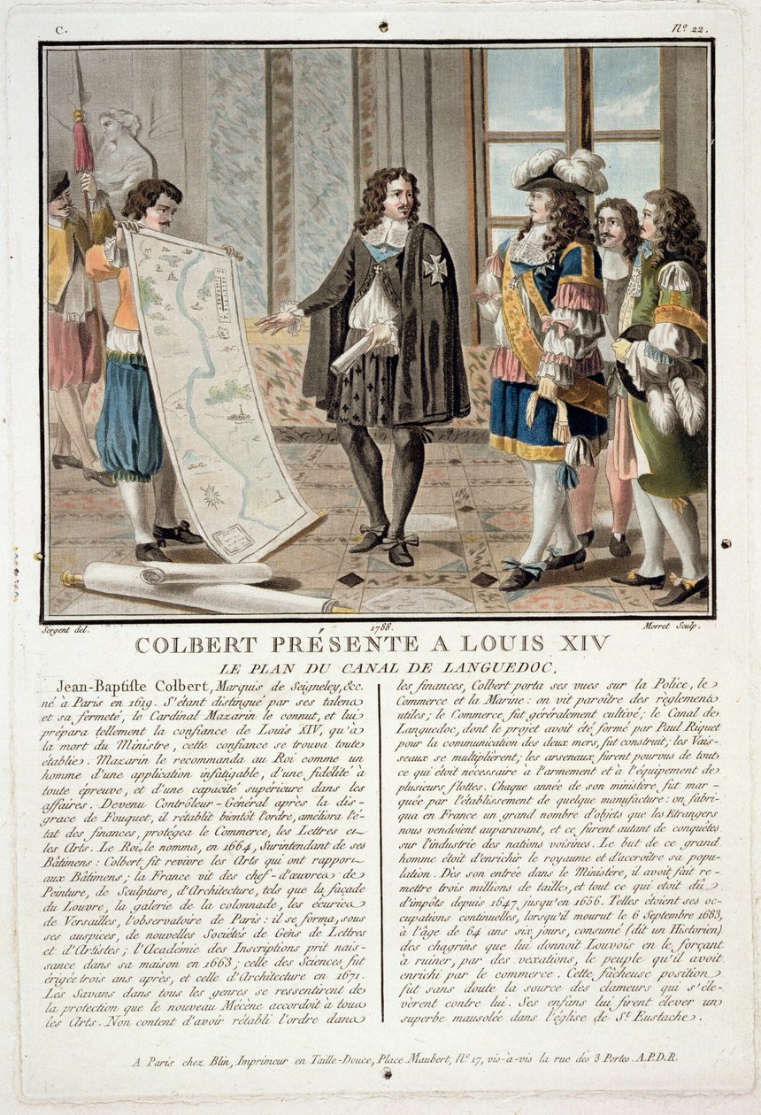 Jean Baptiste Colbert (1619-83) presenterer kartet over Canal du Languedoc til Louis XIV, gravert av Jean Baptiste Morret (fl.1790-1820), 1788 av Antoine Louis Francois Sergent Marceau