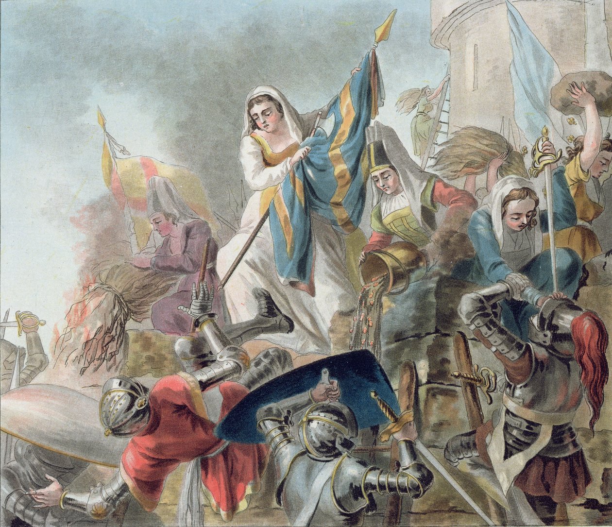 Jeanne Laisne hever en standard mot mennene i Bourgogne, gravert av Morret (fl. 1790-1820) 1787 av Antoine Louis Francois Sergent Marceau