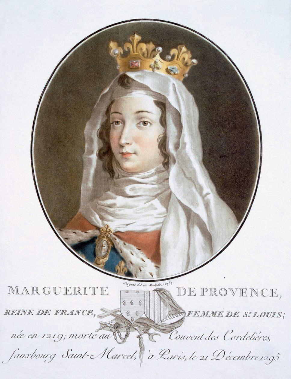 Marguerite de Provence, fra Portraits of Great Men, Illustrious Women, and Memorable Subjects of France, gravert og trykt i farger, utgitt av Pierre Blin, 1786-92, Paris (fargegravering) av Antoine Louis Francois Sergent Marceau
