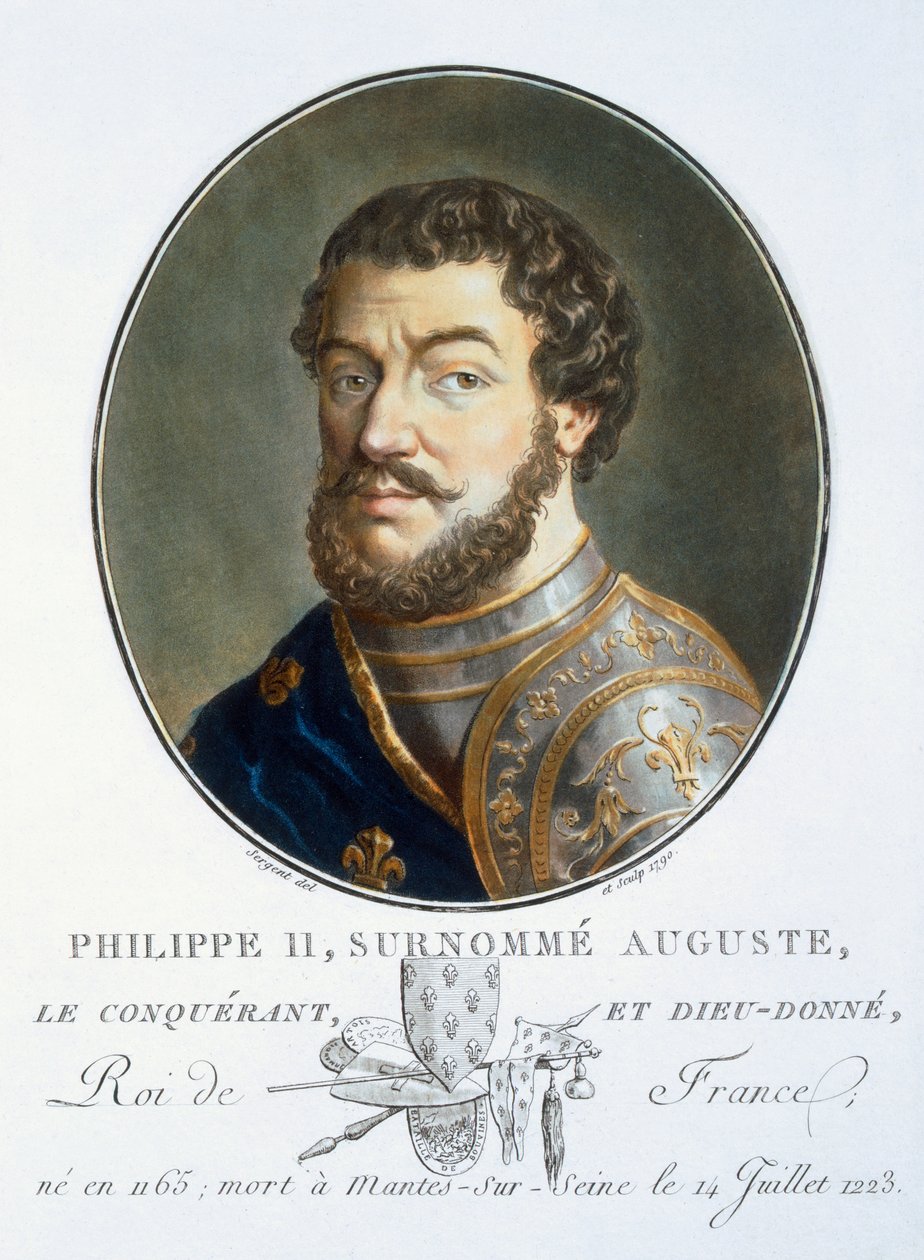Philippe II Auguste, fra Portretter av store menn, berømte kvinner og minneverdige motiver fra Frankrike, gravert og trykt i farger, utgitt av Pierre Blin, 1786-92, Paris (fargegravering) av Antoine Louis Francois Sergent Marceau