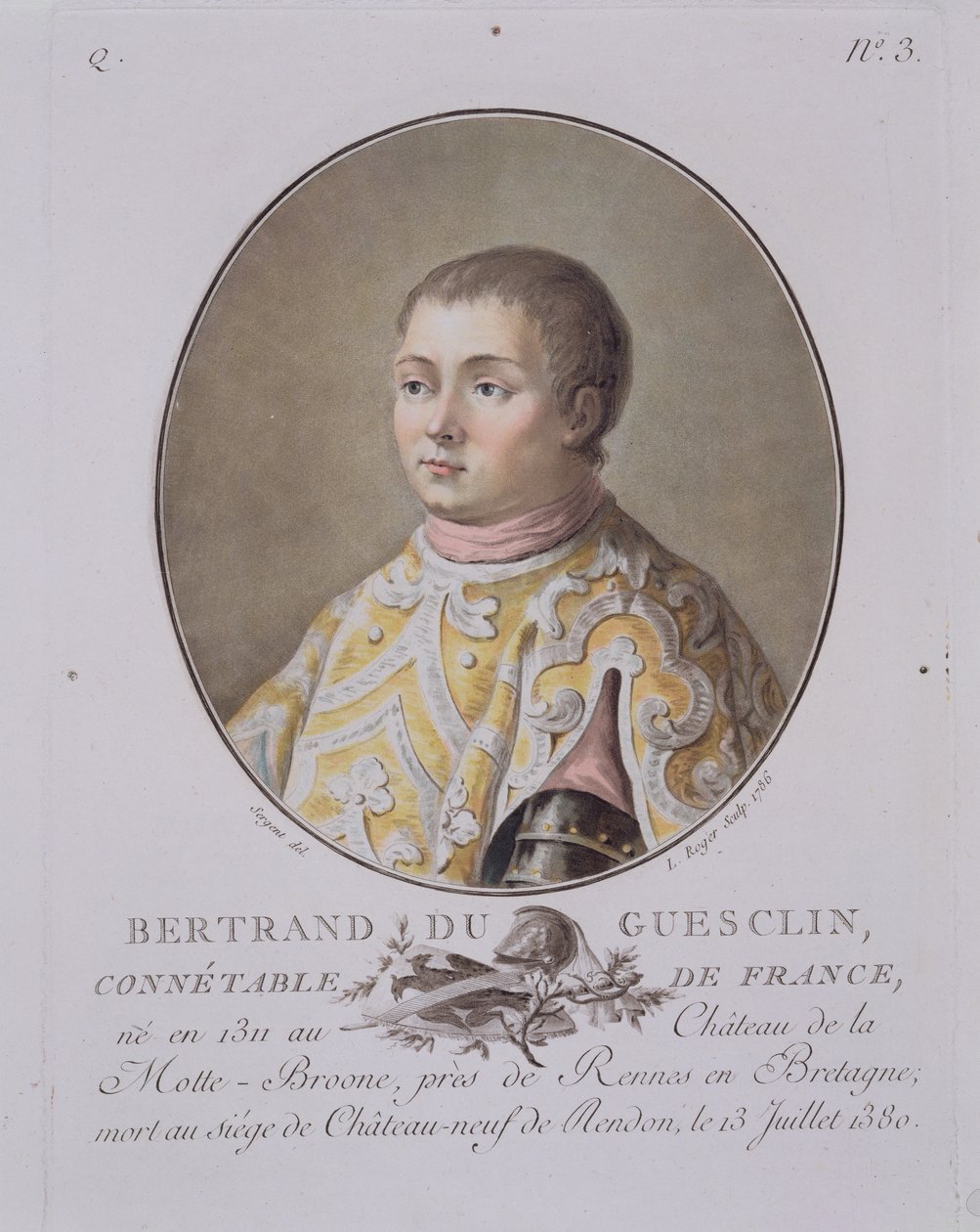 Portrett av Bertrand du Guesclin (1311-80), høykonstabel i Frankrike, gravert av Leon Roger, 1786 av Antoine Louis Francois Sergent Marceau