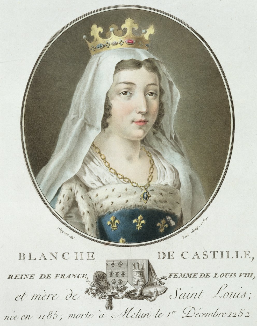 Portrett av Blanche av Castilla (1185-1252) gravert av Ride, 1787 av Antoine Louis Francois Sergent Marceau