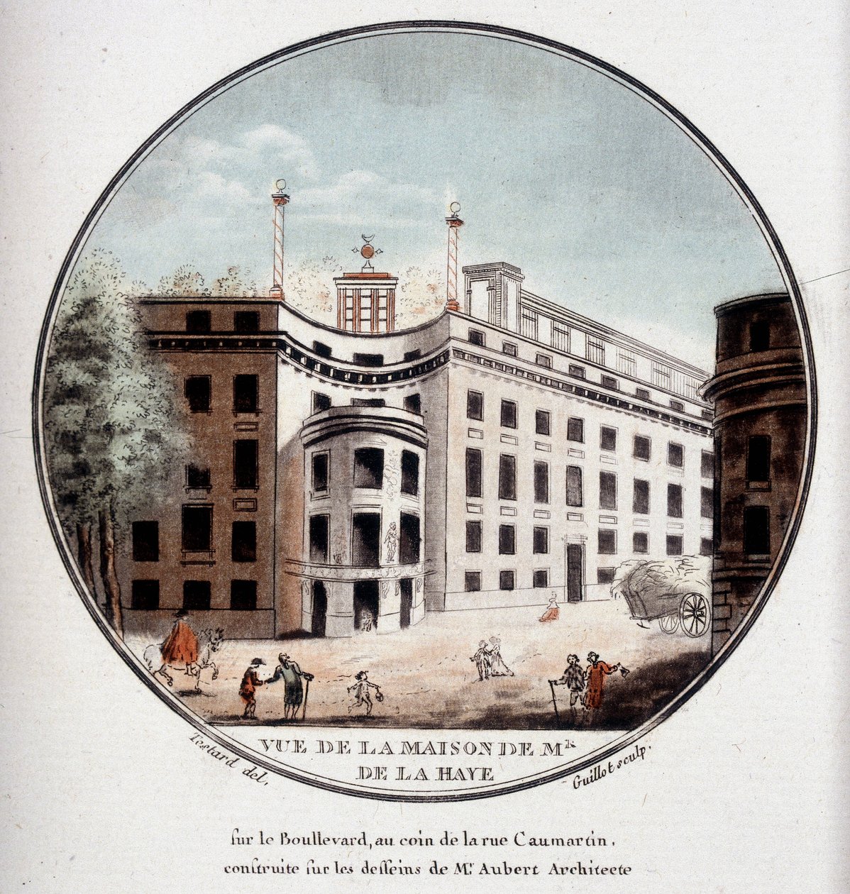 Utsikt over Monsieur de La Hayes hus på hjørnet av Rue Caumartin, Paris, bygget etter tegninger av arkitekt Aubert. I pittoresque utsikt over hovedbygningene i Paris av sersjant av Antoine Louis Francois Sergent Marceau