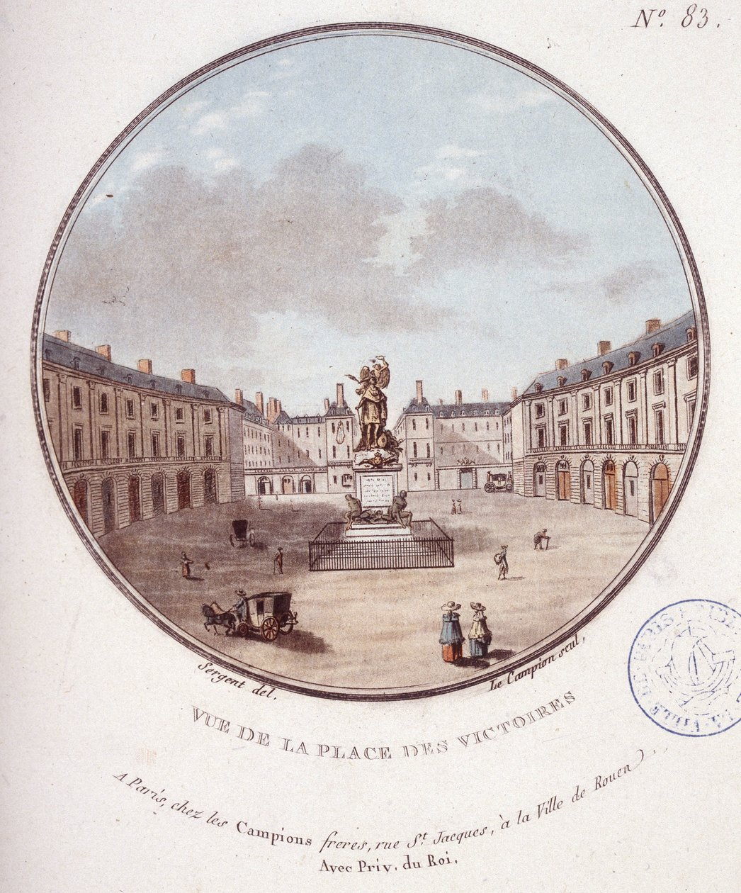 Utsikt over Place des Victoires, Paris. I prittoresque utsikt over hovedbygningene i Paris av sersjant av Antoine Louis Francois Sergent-Marceau