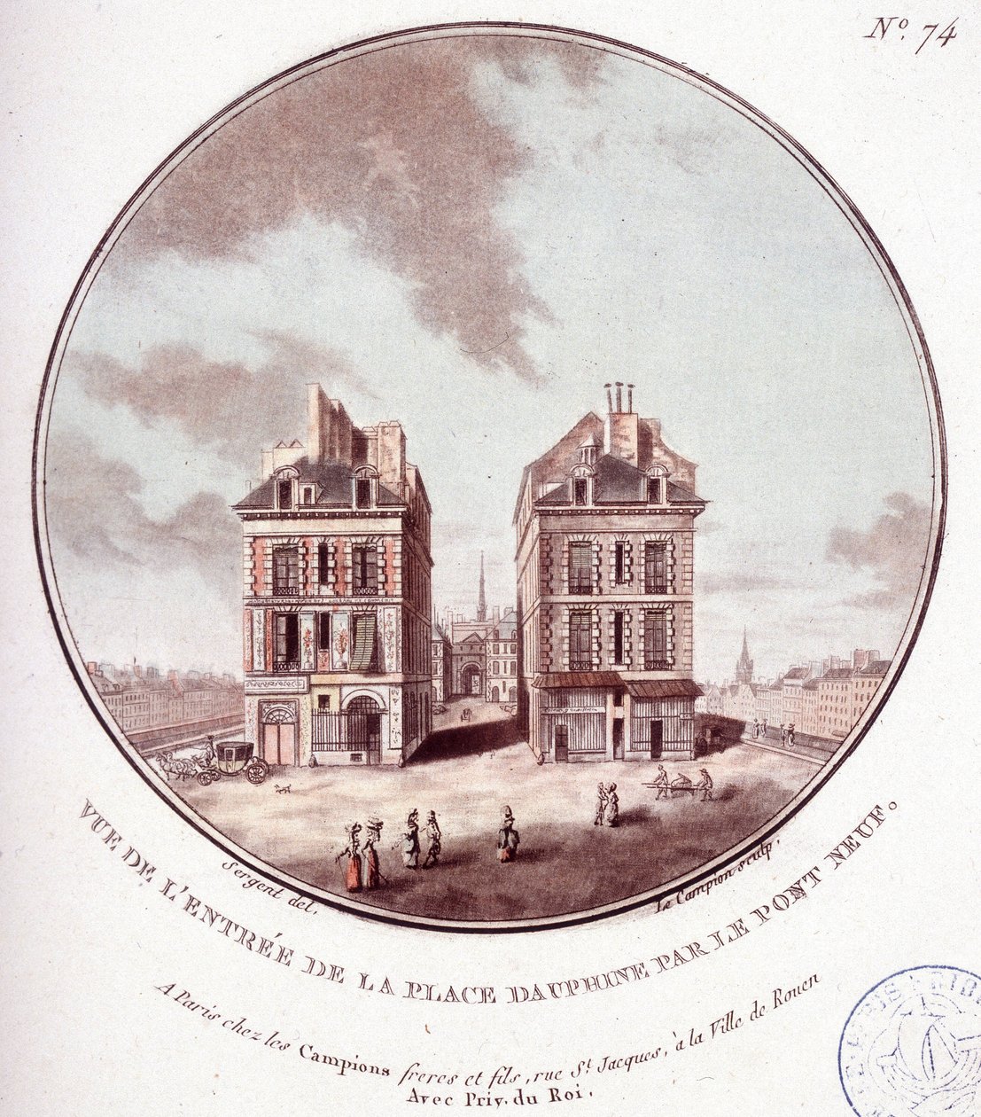 Utsikt over inngangen til Place Dauphine ved Pont Neuf, Paris. I prittoresque utsikt over hovedbygningene i Paris av sersjant av Antoine Louis Francois Sergent Marceau