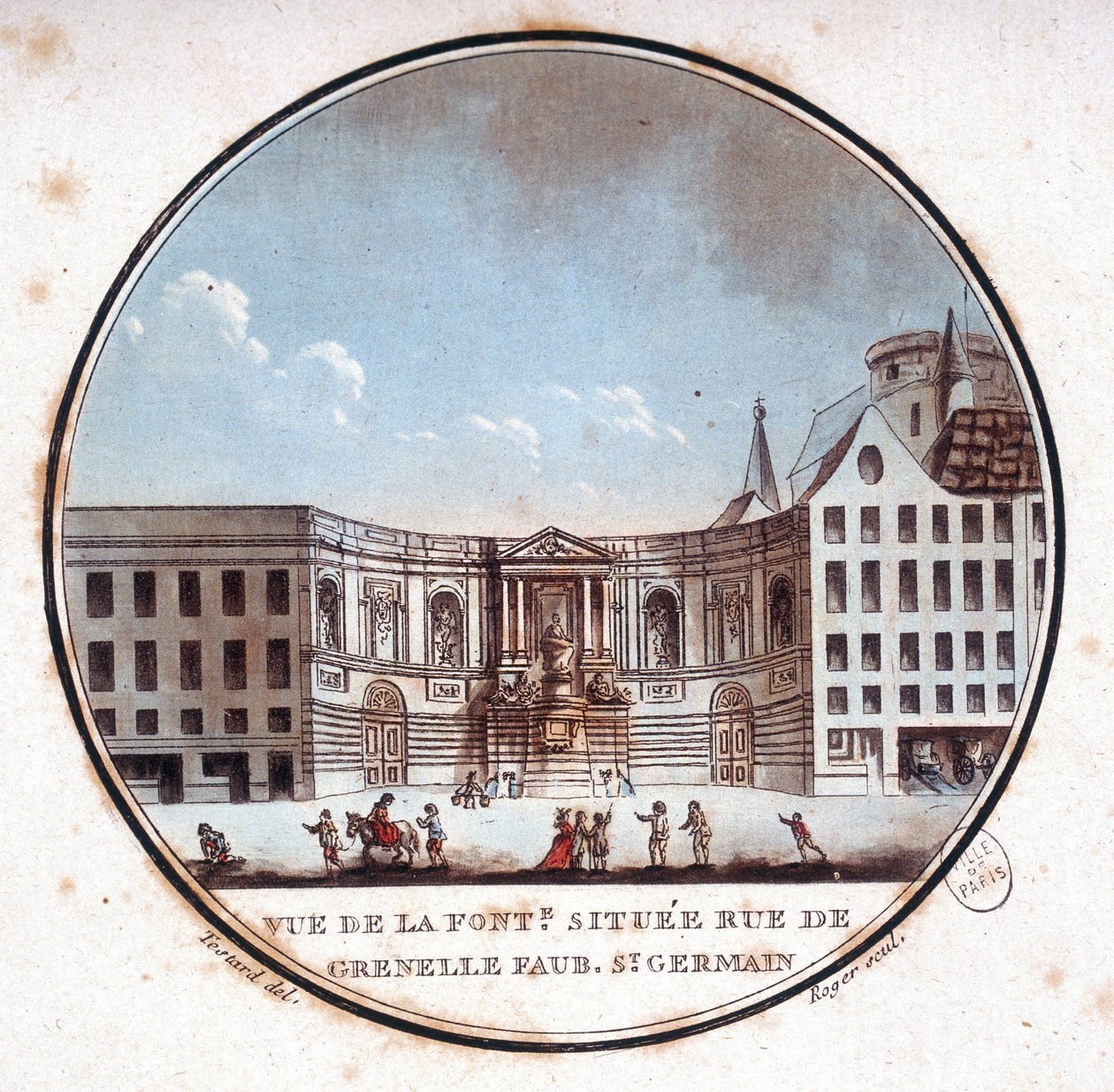Utsikt over fontenen som ligger rue de Grenelle Faubourg Saint Germain, nåværende fontenen til Grenelle. I pittoresque utsikt over hovedbygningene i Paris av sersjant av Antoine Louis Francois Sergent Marceau