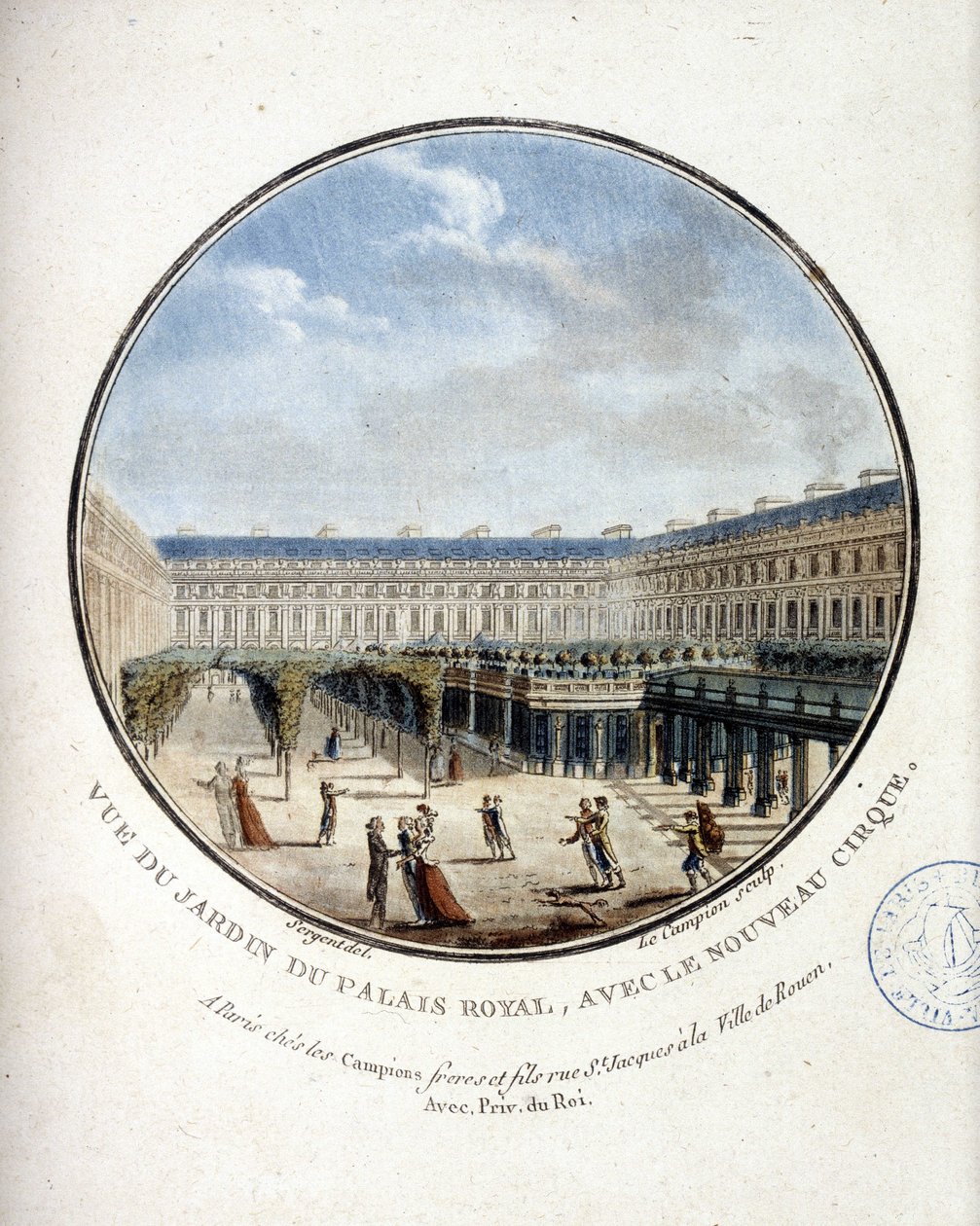 Utsikt over hagen til Palais Royal - i "" Pittoresk utsikt over hovedbygningene i Paris"" av sersjant av Antoine Louis Francois Sergent Marceau