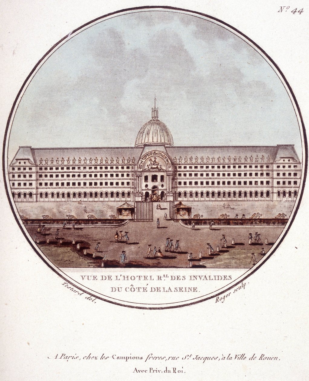 Utsikt over hotel regional des Invalides på Seine-siden, Paris. I pittoresque utsikt over hovedbygningene i Paris av sersjant av Antoine Louis Francois Sergent Marceau