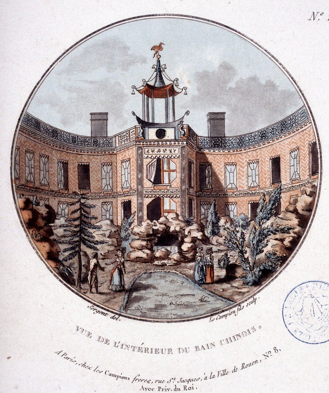 Utsikt over det indre av det kinesiske badet, Paris. I prittoresque utsikt over hovedbygningene i Paris av sersjant av Antoine Louis Francois Sergent Marceau