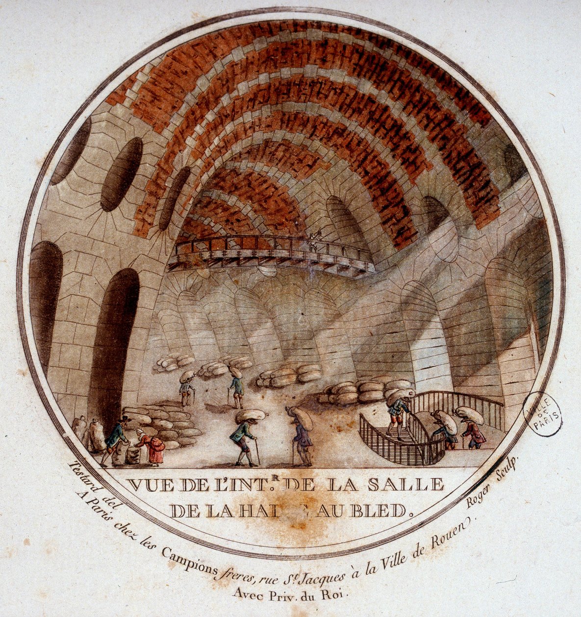 Utsikt over interiøret i den nye markedshallen bygget av Le Camus de Mézières mellom 1763 og 1766, i dag børsen i Paris. I prittoresque utsikt over hovedbygningene i Paris av sersjant av Antoine Louis Francois Sergent Marceau