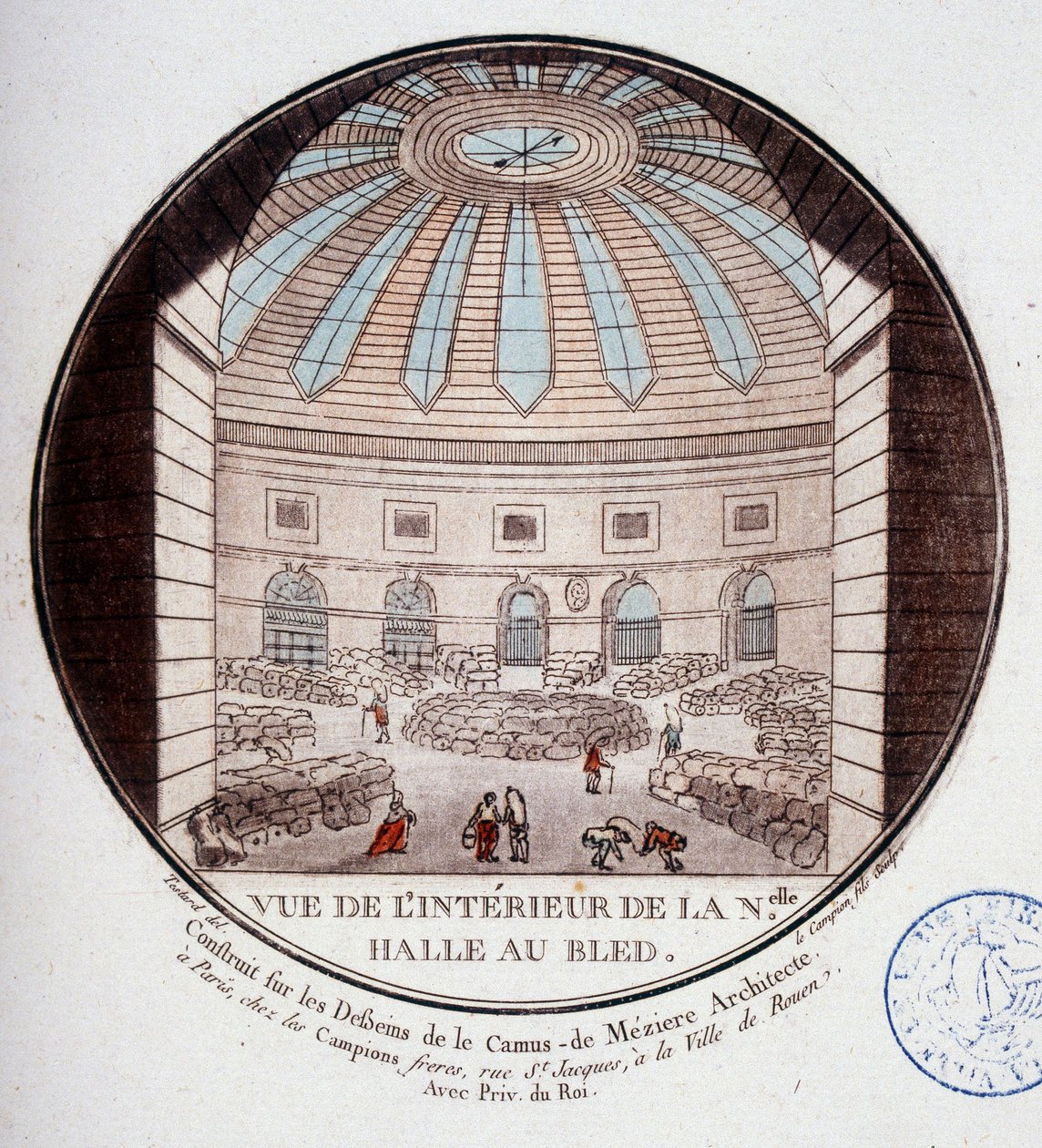 Utsikt over interiøret i den nye markedshallen bygget av Le Camus de Mézières mellom 1763 og 1766, i dag børsen i Paris. I prittoresque utsikt over hovedbygningene i Paris av sersjant av Antoine Louis Francois Sergent Marceau