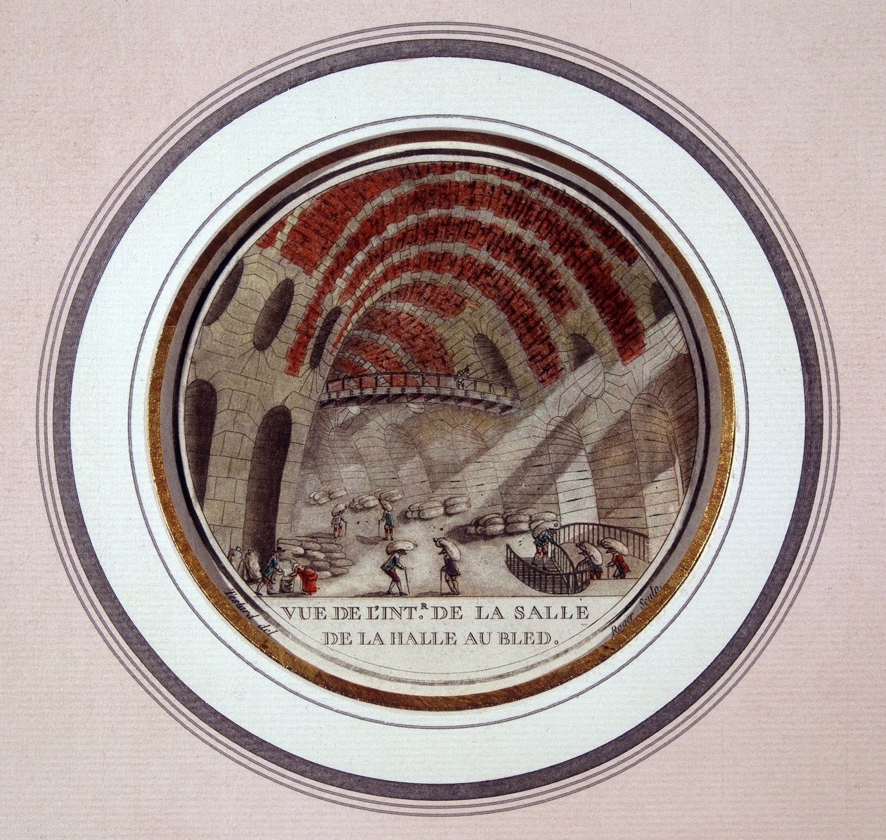 Utsikt over interiøret i den nye markedshallen bygget av Le Camus de Mézières mellom 1763 og 1766, i dag børsen i Paris. I prittoresque utsikt over hovedbygningene i Paris av sersjant av Antoine Louis Francois Sergent Marceau
