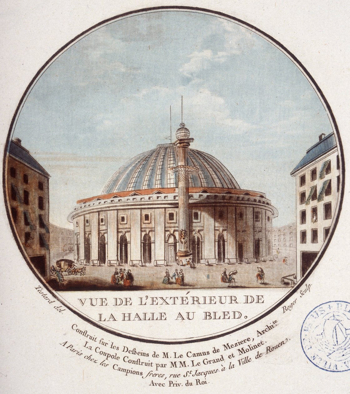Utsikt over utsiden av hvetemarkedet, Paris bygget av Le Camus de Mézières mellom 1763 og 1766, i dag børsen i Paris. I prittoresque utsikt over hovedbygningene i Paris av sersjant av Antoine Louis Francois Sergent Marceau