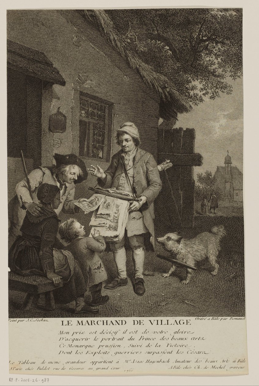 Omreisende trykkselger i en landsby Le Marchand de Village (tittel på objekt) av Antoine Louis Romanet